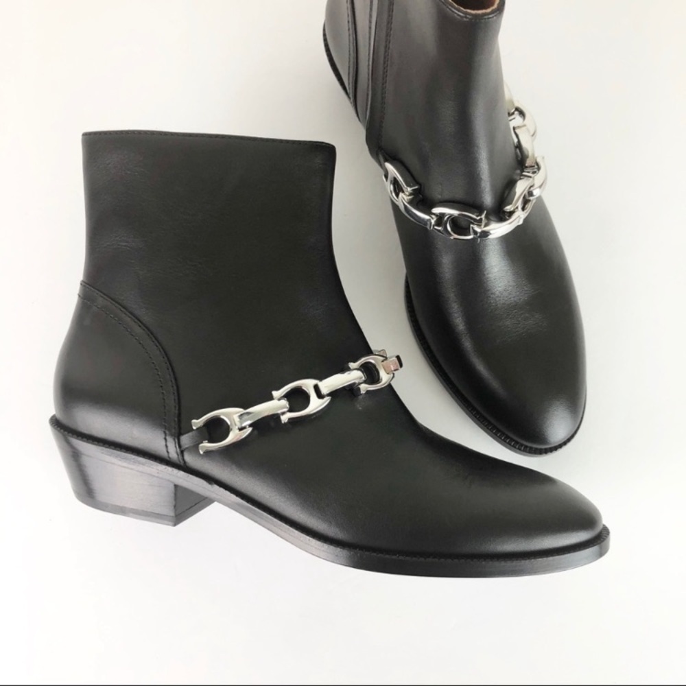 Coach Black Allen Ankle Leather Size 5 Boots With Silver Signature C Chain NIB - Picture 5 of 12